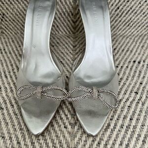 Billini Silver Pointed Toe Mules with Crystal Bow Accent